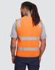 An orange high visibility safety vest with reflective stripes, featuring utility pockets and a logo.