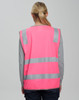 A pink high-visibility safety vest featuring reflective stripes and a back view. It includes ID and utility pockets.