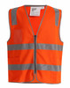 An orange high visibility safety vest with reflective stripes, featuring utility pockets and an ID pocket.