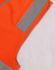 An orange safety vest with reflective grey strips and utility pockets, featuring a logo on one side.