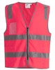 A vibrant pink safety vest featuring reflective stripes and utility pockets, including a clear ID pocket.
