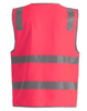 A bright red safety vest featuring grey reflective strips and utility pockets. It has a logo on the front.