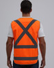 An orange safety vest featuring reflective grey stripes in an X-back design, with a plain background.