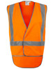 An orange safety vest featuring reflective stripes and a back tail design. It has a logo on it.