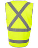 A bright yellow safety vest featuring reflective grey stripes in a cross-back design, with a tail at the bottom.