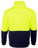 A Hi-Vis polar fleece full zip jacket in bright yellow and navy, featuring a branding logo on the back.