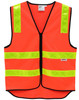 A high-visibility orange safety vest with reflective yellow stripes and black trim. It features a logo on the front.