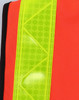 A high-visibility vest in bright orange with a reflective yellow strip and a logo.
