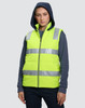 A unisex hi-vis hooded puffer vest in bright yellow with reflective stripes, featuring a hood and a zipped front.