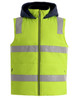 A unisex hi-vis hooded puffer vest in bright yellow with reflective stripes and a navy hood.