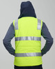 A unisex hi-vis hooded puffer vest in bright yellow with reflective strips and a blue hood.