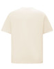 A unisex oversized tee in a cream colour with short sleeves and a plain back. It features a logo.