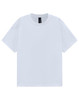A white unisex heavy cotton oversized tee featuring a round neckline and short sleeves. Includes a brand label.
