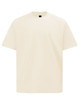 A unisex oversized tee in a light cream colour, featuring a simple design and a logo on the label.