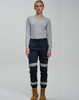 Cotton stretch drill cuffed work pants in navy blue with reflective tape, paired with a grey long-sleeve top.