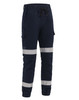 Navy blue cuffed work pants with reflective tape and pockets, featuring an elastic waistband and drawstring.