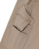 A close-up of beige work pants featuring multiple pockets, including a side cargo pocket.