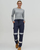 Navy water-repellent flexi work pants with reflective tape, worn by a person in a grey long-sleeve top.