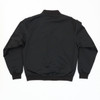 A black bomber jacket with a simple design, featuring a collar and long sleeves. It has a logo on the back.