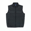 A black puffer vest featuring a high collar, zip front, and two side pockets, with a logo on the inside.