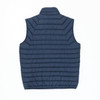A navy blue puffer vest with a quilted design and no sleeves, featuring a stand-up collar.