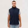 A navy softshell vest is worn over a grey short-sleeved shirt, featuring a zip closure and a pocket.