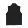 A black softshell vest with a high collar, featuring a logo on the back.