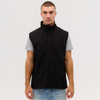 A black softshell vest on a model, paired with a light grey t-shirt, featuring a front zipper and a logo.