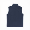 A navy blue softshell vest with a high collar and no sleeves. It features a branding logo.