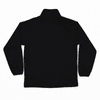 A black jacket with long sleeves and a high collar, featuring a logo on the back.