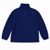 A navy blue fleece pullover with a quarter zip and long sleeves, featuring a branding logo.