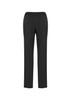 A pair of women's black stretch pants with an elasticised waist and a straight-leg design.