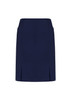 A navy straight skirt featuring front pleat details and a sleek design. Includes branding.