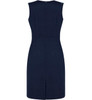A sleeveless women's dress in navy blue with a V-neck and a back zipper, featuring a split hem.