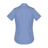 A women's short sleeve shirt in blue and white gingham pattern, featuring a button-up design. The shirt has a logo.