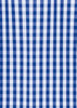 A blue and white checked fabric pattern, featuring a classic gingham design with a logo in the corner.