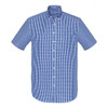 A blue and white checkered short sleeve button-up shirt with a collar and front buttons, featuring a logo.