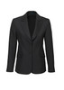 A black longline jacket with a notched lapel, featuring two front pockets and a single-button closure. It has a logo.