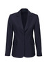 A women's longline jacket in navy, featuring a tailored fit and two front pockets. Includes a logo on the label.