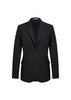 A black longline jacket with a single button front, featuring two side pockets and a tailored fit.