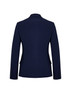 A navy mid-length women's jacket with a fitted design and long sleeves, featuring buttons on the cuffs.