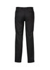 Flat front black pants with a tailored fit, featuring pockets at the back and a waistband with belt loops.