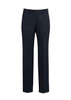 Flat front pants in navy, featuring a slim fit and classic design, with a logo on the waistband.