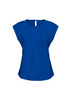 A blue women's top featuring a unique wrap design and cap sleeves. It includes a back keyhole detail and has a logo.
