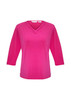 A pink women's 3/4 sleeve top with a crossed v-neck design, featuring a logo on the label.