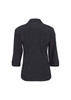 A black women's 3/4 sleeve button-up shirt with a collar and roll-up cuffs. It features a logo.