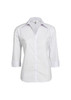 A white women's button-up shirt with 3/4 sleeves, featuring a collar and buttons down the front. It has a logo.