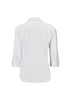 A white women's button-up shirt featuring a 3/4 sleeve and a collared design, with a logo on the label.