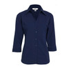 A women's button-up shirt in navy blue with 3/4 sleeves and a collar, featuring a logo on the label.
