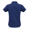 A women's button-up short sleeve shirt in navy blue, featuring a classic collar and a fitted design.